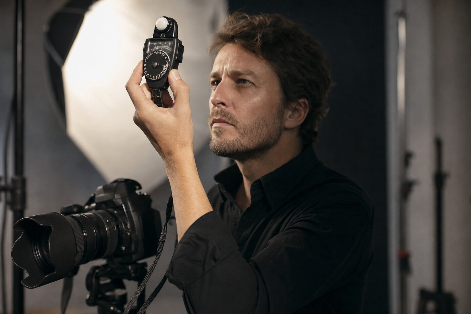 Fotografo controlla l'esposimetro prima di uno scatto in studio fotografico a Vercelli